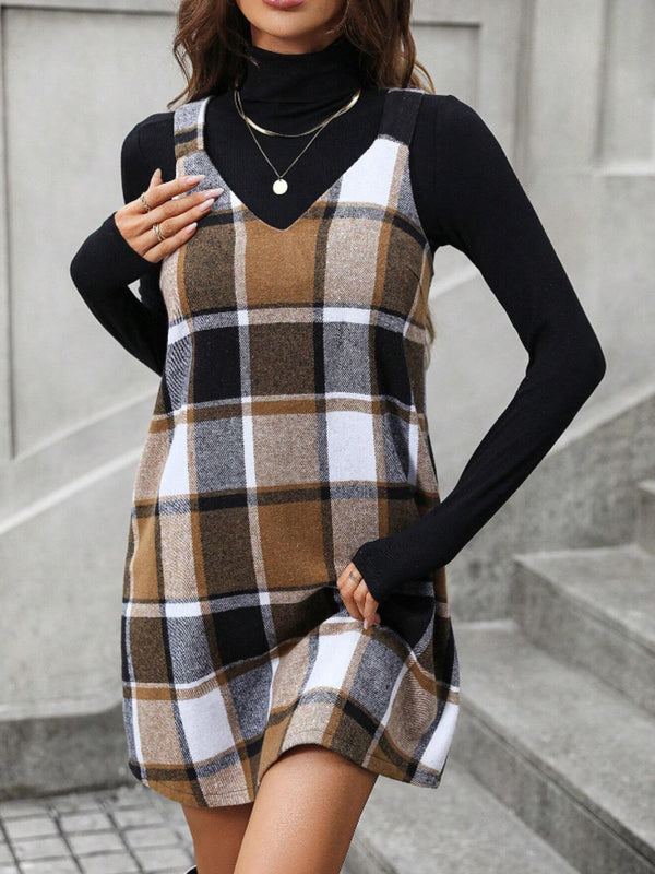 Fashion Sava | Plaid V-Neck Tank Dress | Wide Strap Design - Black