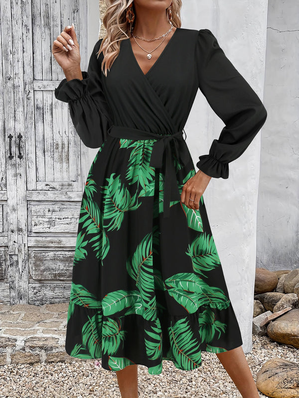 Fashion Sava | Ruffled Long Sleeve Dress | Elegant Printed Design - Dark Green