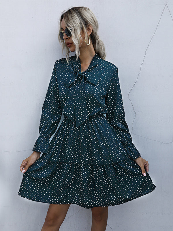 Fashion Sava | Polka Dot Tie Neck Dress | Long Sleeve Chic - Black Forest