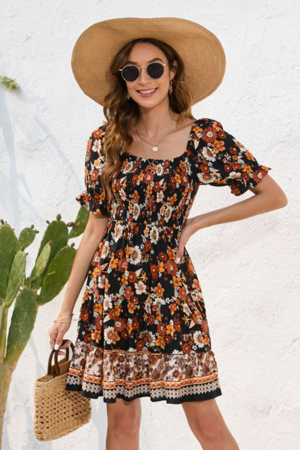 Fashion Sava | Square Neck Short Sleeve Dress | Printed Casual Wear - Black