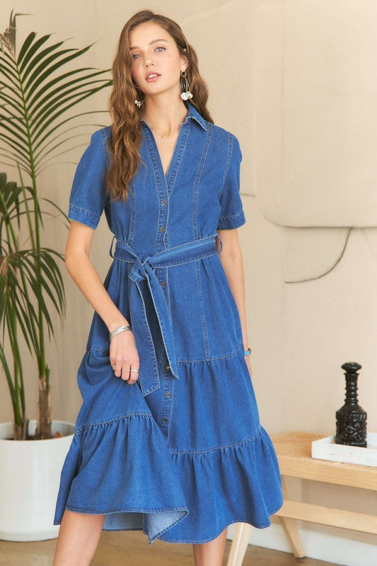 Fashion Sava | ADORA Denim Dress | Tiered Button Down Style - Dark