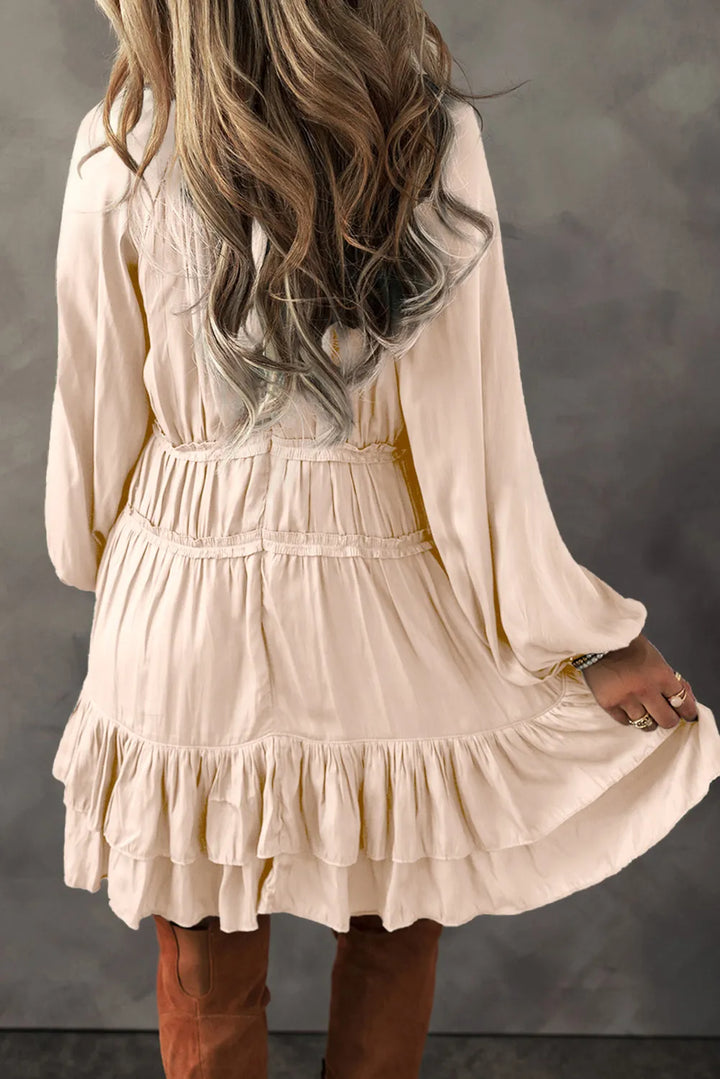 Fashion Sava | Frill Ruffle Mini Dress | Elegant V-Neck Style - Eggshell