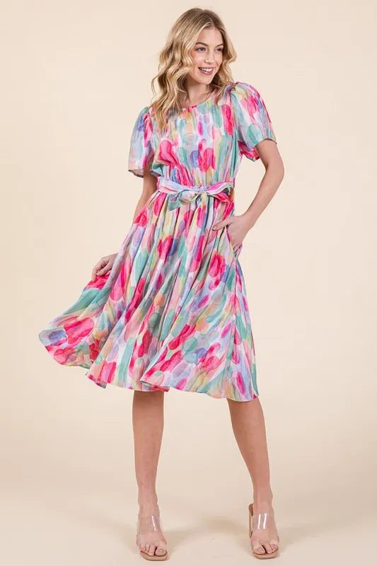 Fashion Sava | Watercolor Midi Dress | Tie Front Elegance