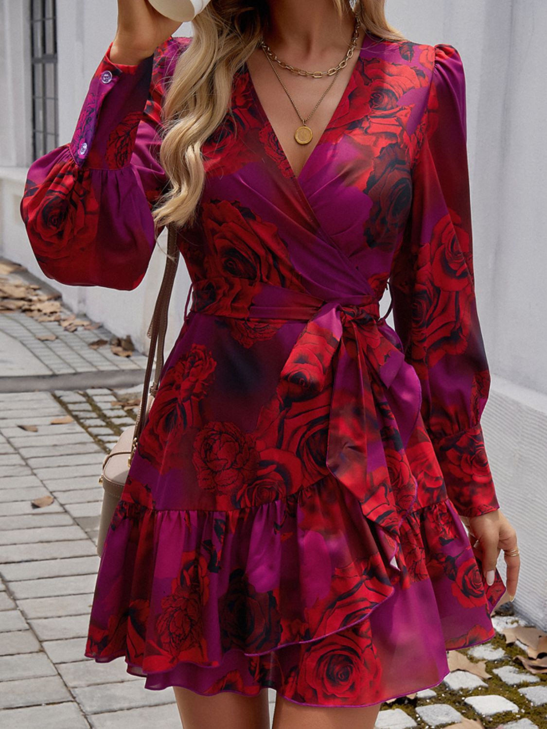 Fashion Sava | Ruffled Surplice Mini Dress | Elegant Evening Wear - Dusty Pink