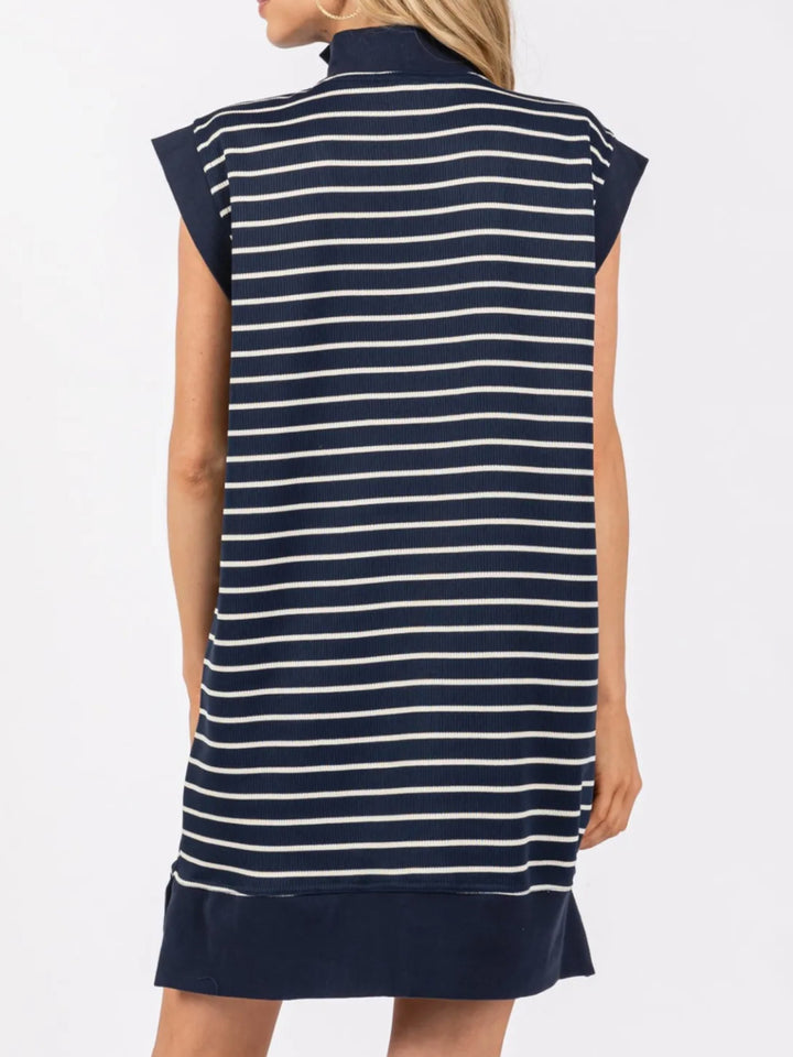 Fashion Sava | Striped Quarter Zip Dress | Pocketed & Cap Sleeve - Dark Blue