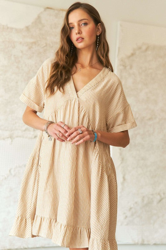 Fashion Sava | ADORA Babydoll Dress | Ruffled Hem V-Neck Stripes - Pastel Yellow