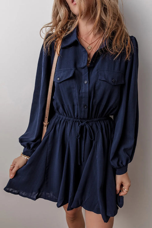 Fashion Sava | Drawstring Half Button Dress | Versatile Long Sleeve Style - Dark Navy