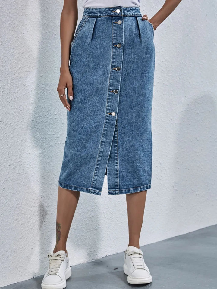 Fashion Sava | Buttoned Denim Skirt | Convenient Pockets
