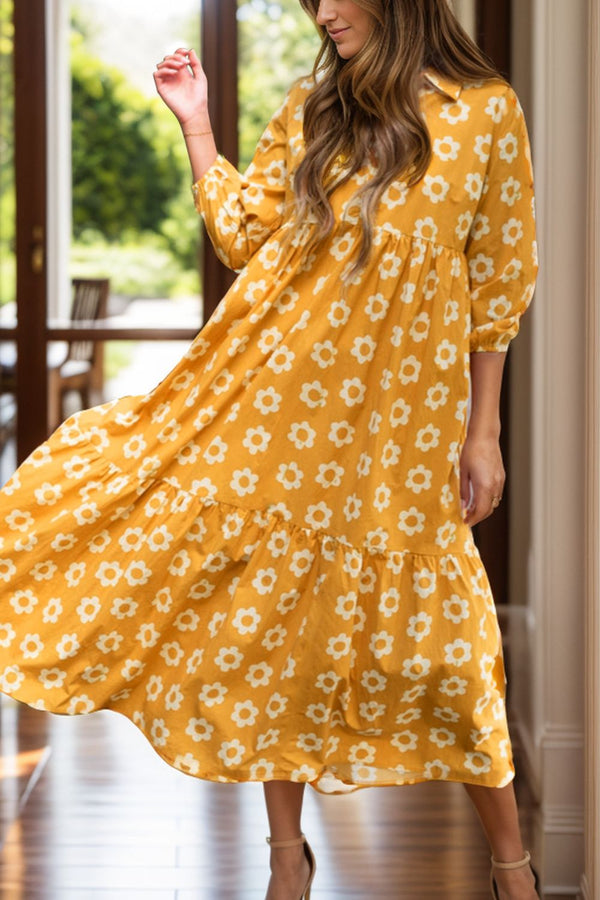 Fashion Sava | Floral Dress | Collared Neck & Three-Quarter Sleeve - Gold