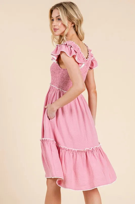 Fashion Sava | Ruffle Trim Dress | Smocked Contrast Design