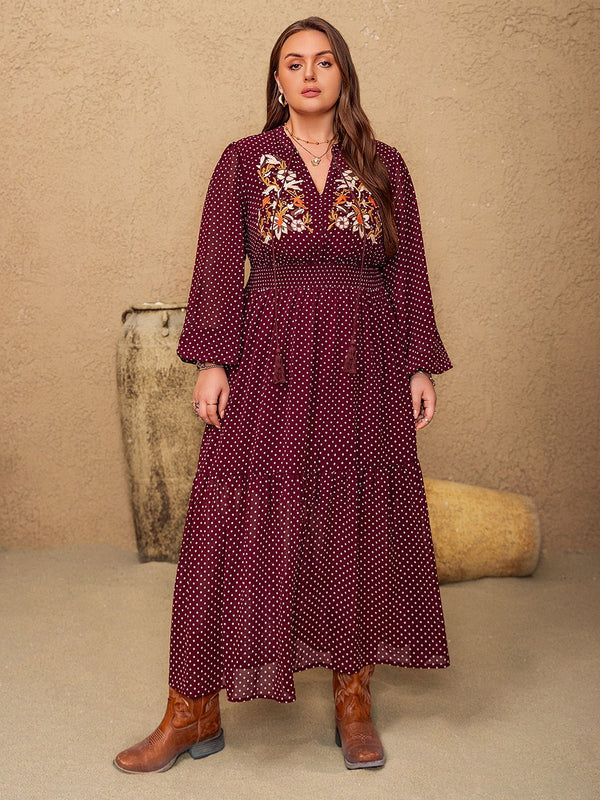 Fashion Sava | Polka Dot Tie Neck Midi Dress | Embroidered Elegance - Burgundy