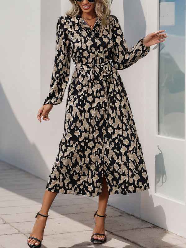 Fashion Sava | Perfee Midi Dress | Long Sleeve Printed Style - Black