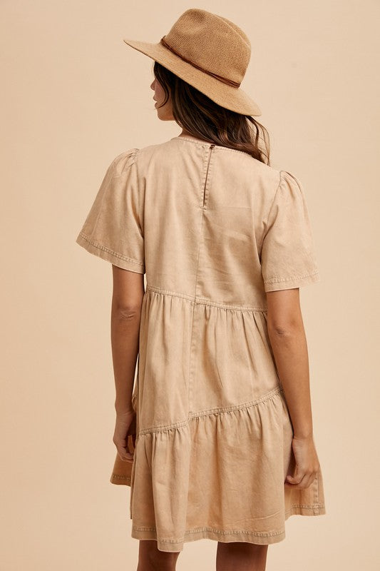 Fashion Sava | Mineral Washed Denim Dress | Casual Short Sleeve - Tan