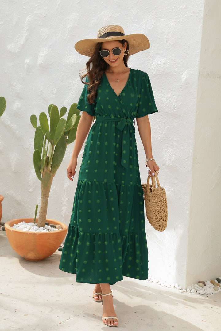 Fashion Sava | Swiss Dot Surplice Dress | Elegant Short Sleeve Style - Dark Green