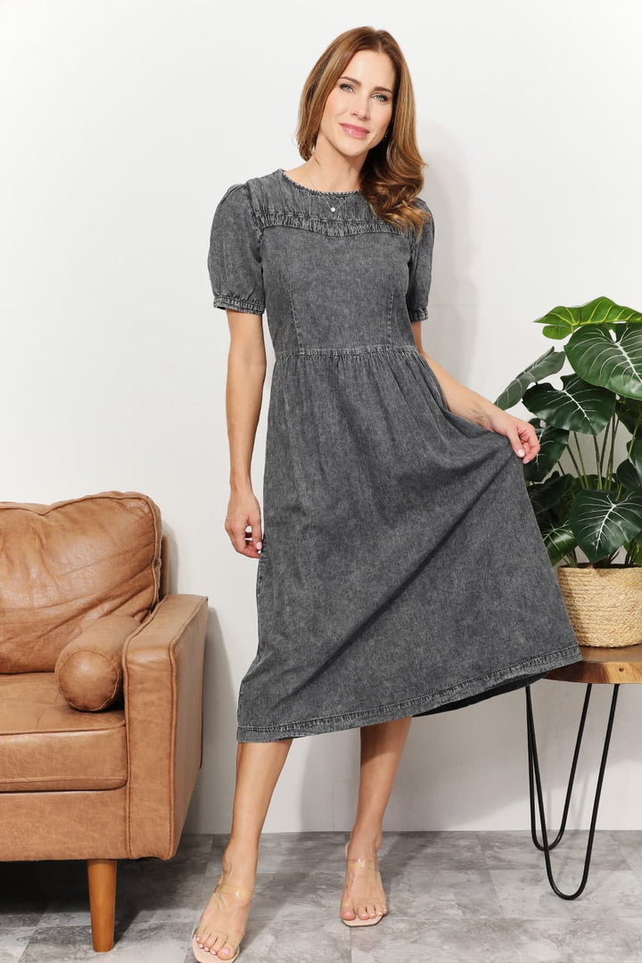 Fashion Sava | Chambray Midi Dress | Casual & Versatile Wear - Dark Gray