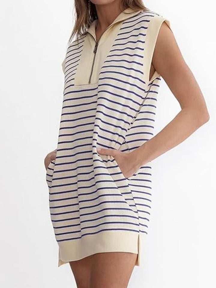 Fashion Sava | Striped Quarter Zip Dress | Pocketed & Cap Sleeve - Cream