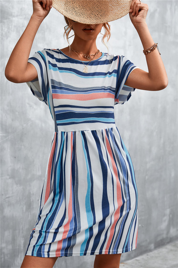 Fashion Sava | Striped Round Neck Dress | Casual Chic Wear - Orange/White