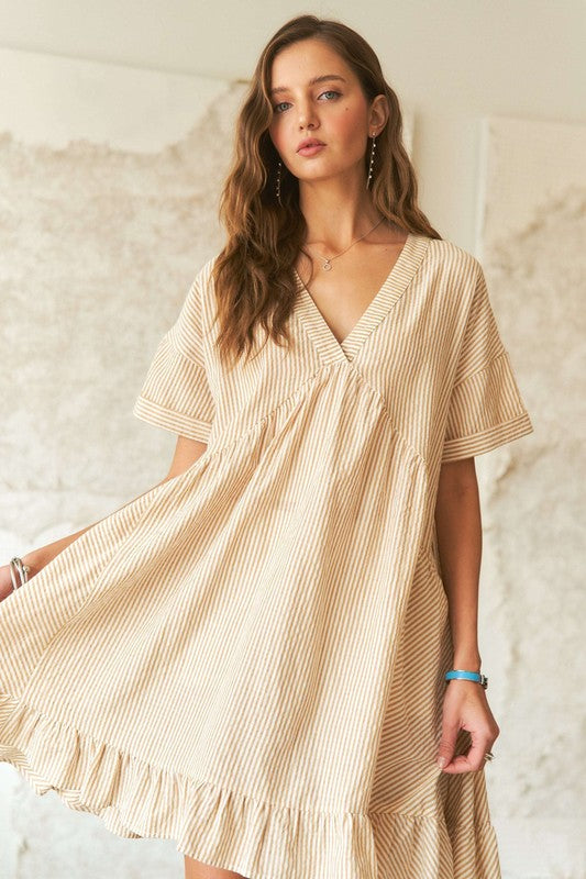 Fashion Sava | ADORA Babydoll Dress | Ruffled Hem V-Neck Stripes - Pastel Yellow