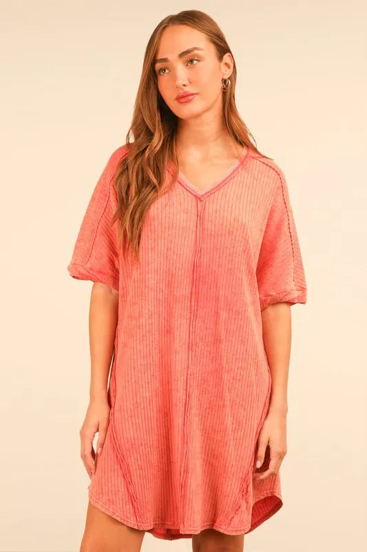 Fashion Sava | Mineral Washed Knit Mini Dress | Plus Size - Coral