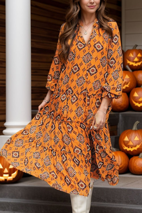 Fashion Sava | Frill Print Tie Neck Dress | Elegant Long Sleeve - Orange