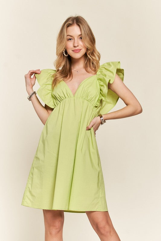 Fashion Sava | ADORA Babydoll Dress | Smocked Back & Ruffled Sleeves - LIME