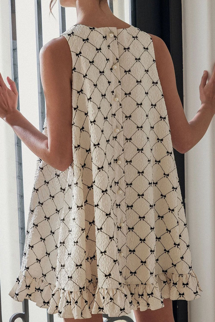 Fashion Sava | Bow Print Mini Dress | Ruffled Hem Sleeveless Style - White