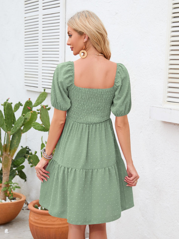Fashion Sava | Swiss Dot Smocked Dress | Elegant Square Neck - Deep Red