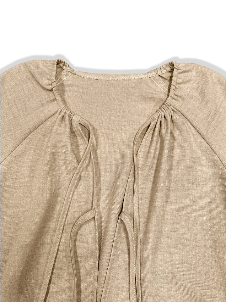 Fashion Sava | Flounce Sleeve Dress | Elegant Tie Neck Style - Tan