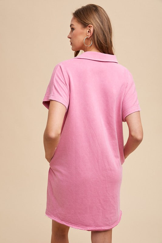 Fashion Sava | Johnny Collar Dress | Mineral Washed Short Sleeve - Fuchsia Pink