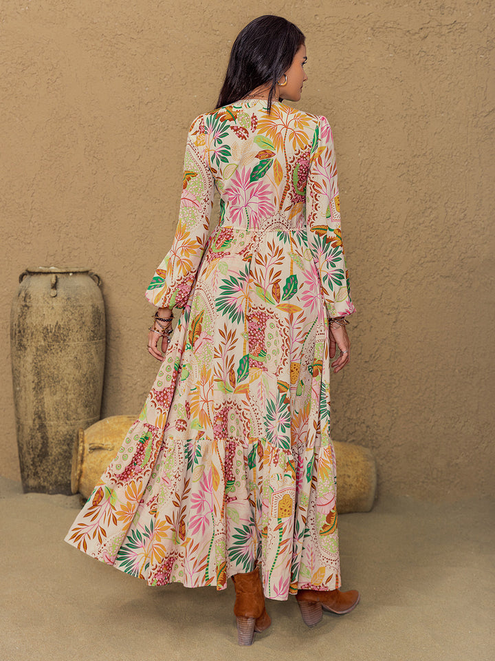 Fashion Sava | Lace Detail Midi Dress | Elegant Printed Design - Multicolor