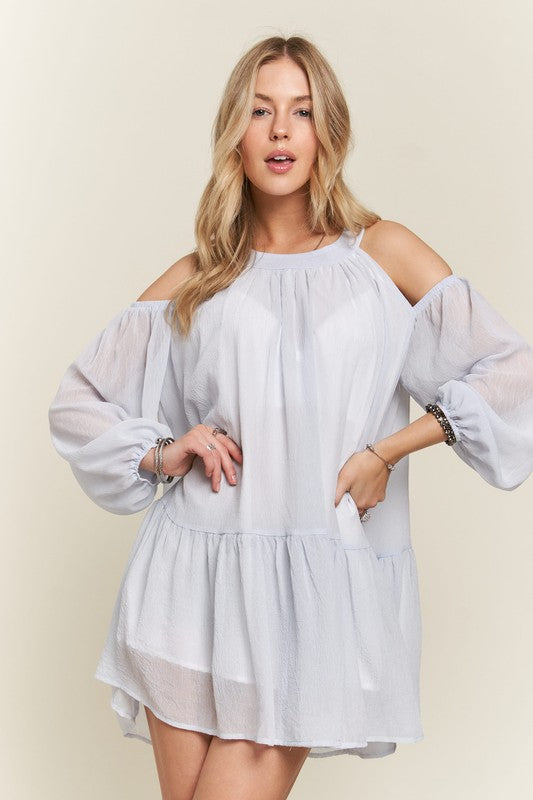 Fashion Sava | ADORA Mini Dress | Cold Shoulder & Balloon Sleeve - BLUE