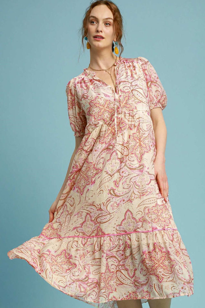 Fashion Sava | Printed Puff Sleeve Midi Dress | Plus Size - PINK MIX