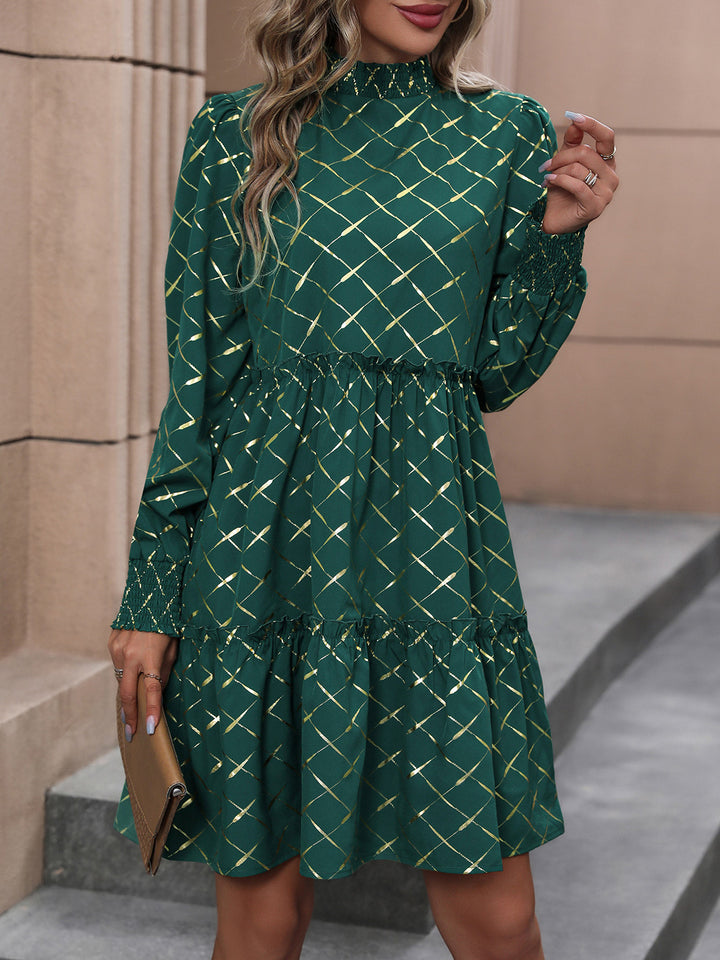 Fashion Sava | Mock Neck Mini Dress | Frill Trim - Green