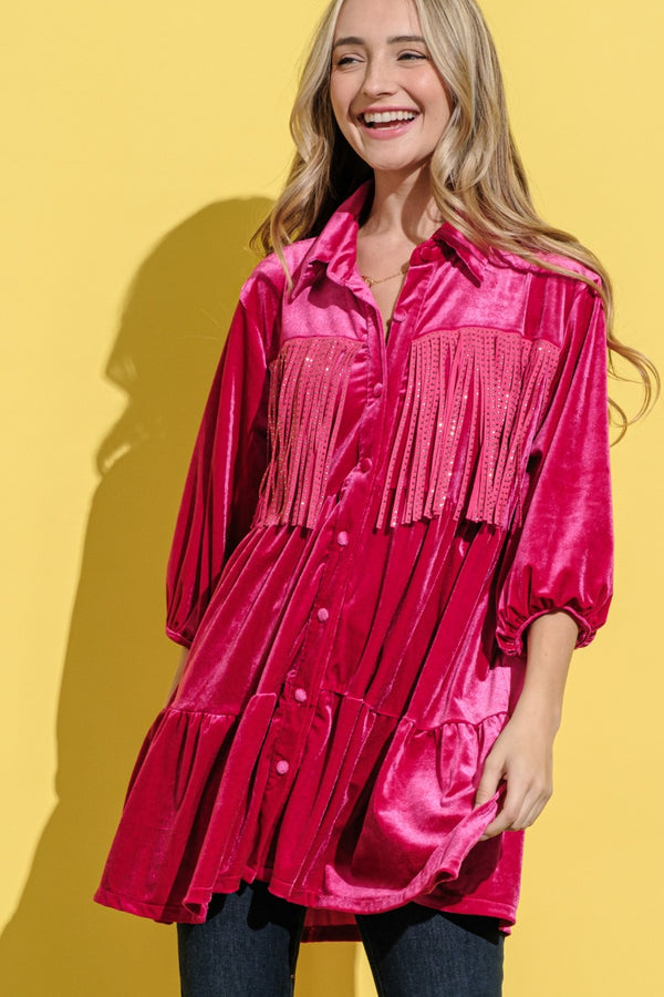 Fashion Sava | Fringe Velvet Shirt Dress | Luxe Detailing - Magenta
