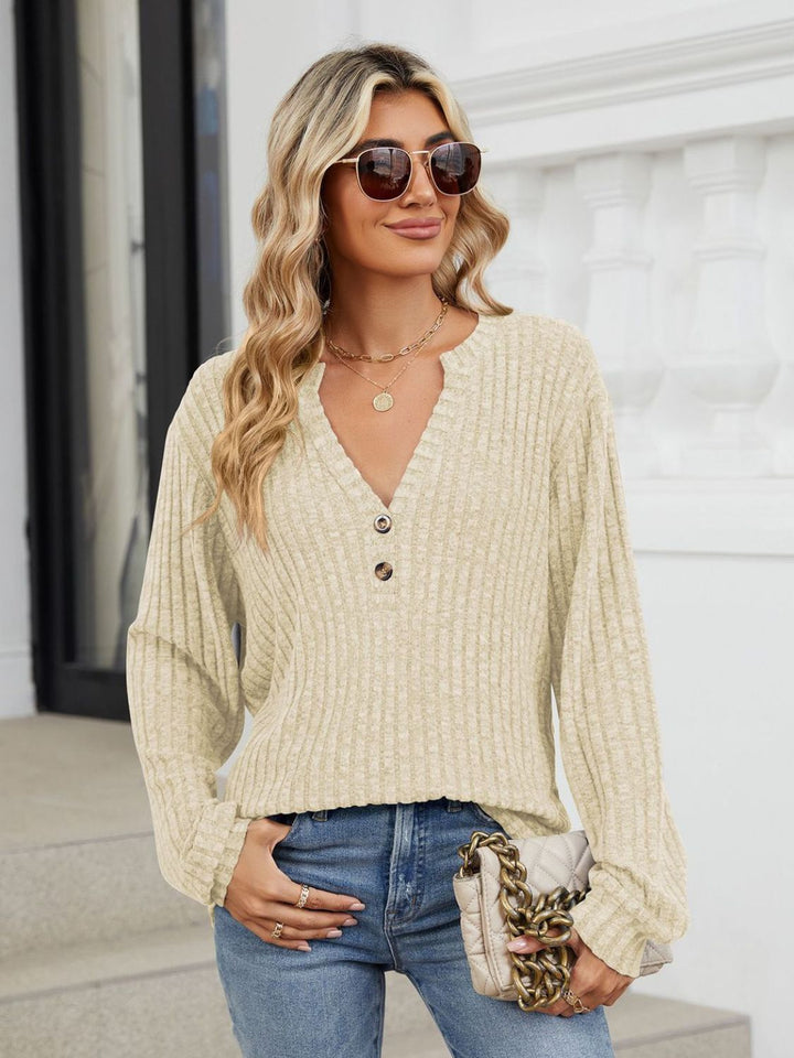 Fashion Sava | Ribbed Notched T-Shirt | Versatile Long Sleeve Top