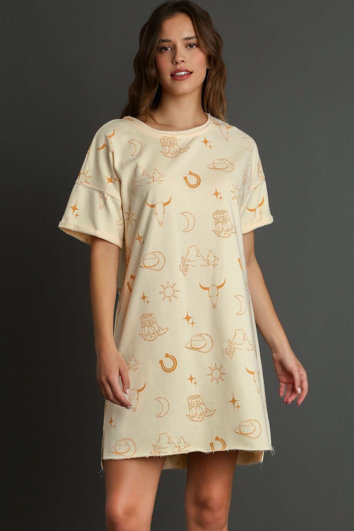 Fashion Sava | Umgee Terry Dress | Short Sleeve Round Neck - NATURAL