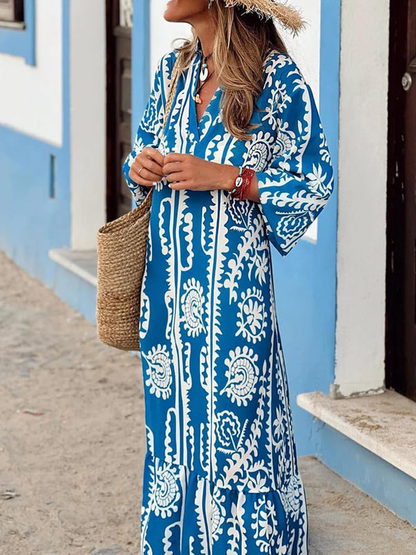 Fashion Sava | Notched Maxi Dress | Printed Half Sleeve Elegance - Blue