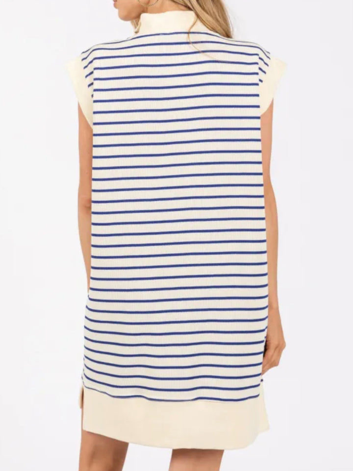 Fashion Sava | Striped Quarter Zip Dress | Pocketed & Cap Sleeve - Black