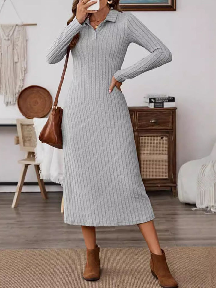 Fashion Sava | Long Sleeve Midi Dress | Collared Neck Fashion - Gray