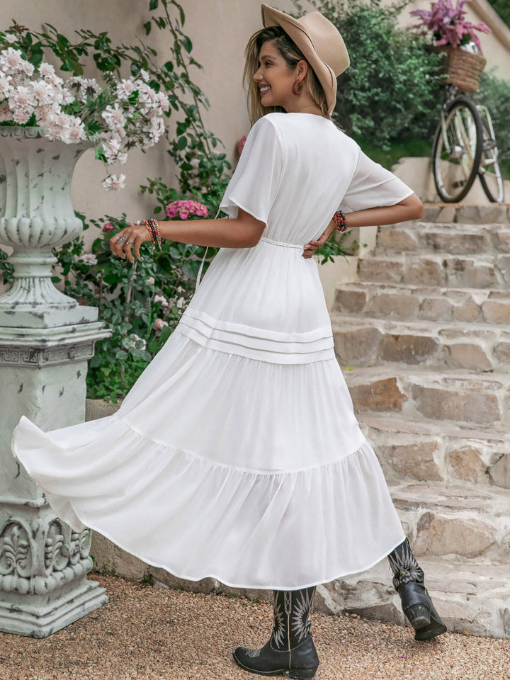 Fashion Sava | Tie Neck Ruffle Hem Dress | Elegant Short Sleeve Design - White