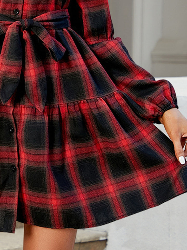Fashion Sava | Tied Plaid Mini Dress | Long Sleeve Casual Wear - Burgundy