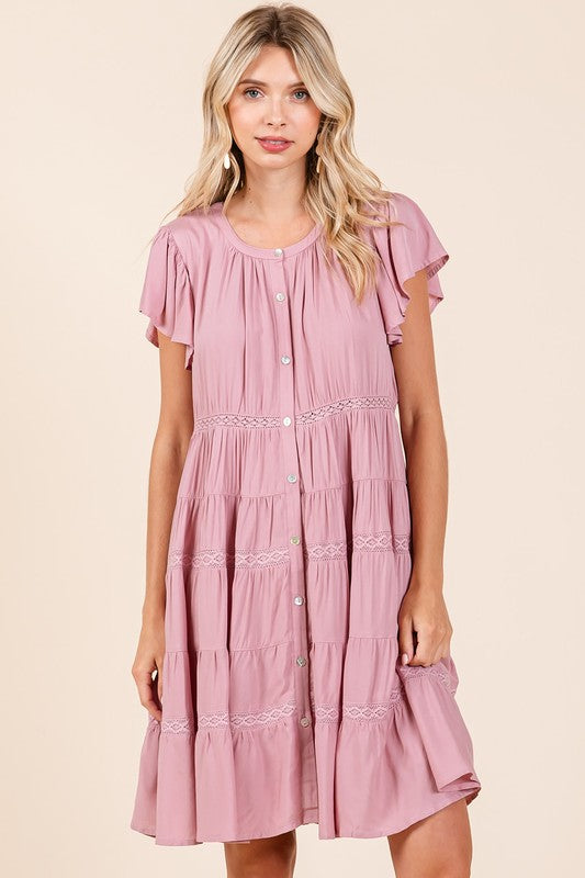 Fashion Sava | Mittoshop Button Down Dress | Lace Ruffled Tiered Design - Dusty Pink