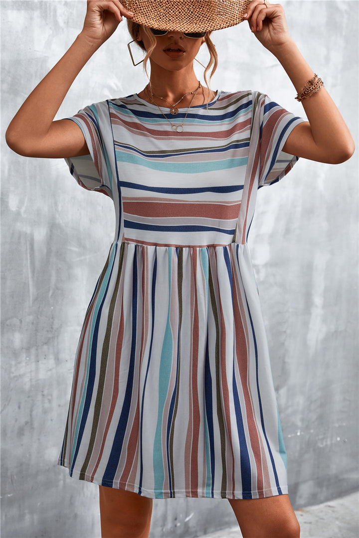Fashion Sava | Striped Round Neck Dress | Casual Chic Wear - Navy
