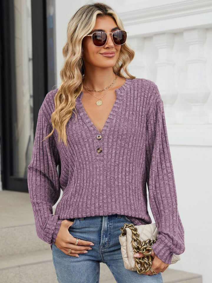 Fashion Sava | Ribbed Notched T-Shirt | Versatile Long Sleeve Top
