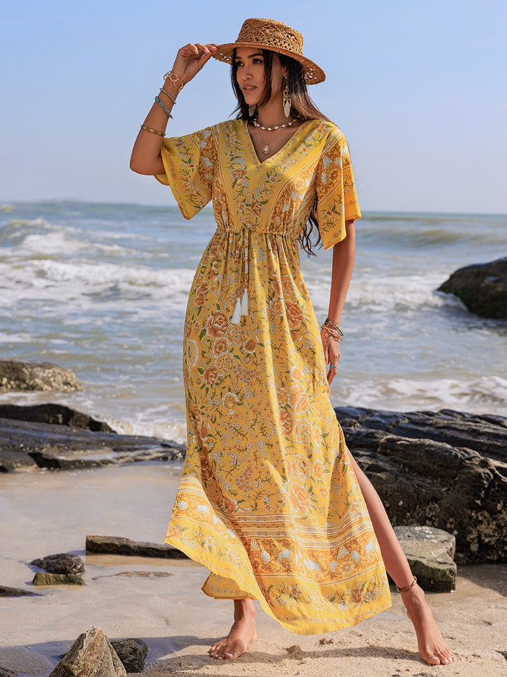 Fashion Sava | Plunge Half Sleeve Dress | Drawstring & Printed Design - Gold