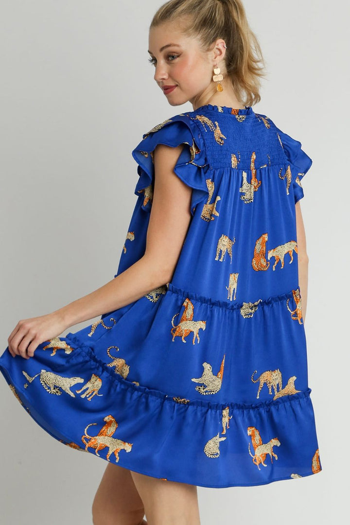 Fashion Sava | Cheetah Print Ruffle Dress | Mini with Notched Design - Royal Blue