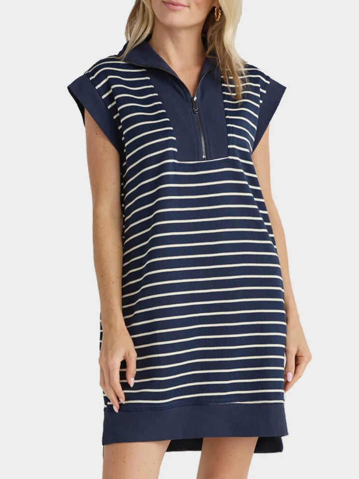 Fashion Sava | Striped Quarter Zip Dress | Pocketed & Cap Sleeve - Dark Blue