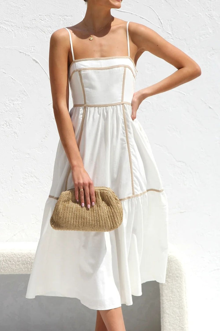 Fashion Sava | Square Neck Midi Cami Dress | Contrast Trim Style - White