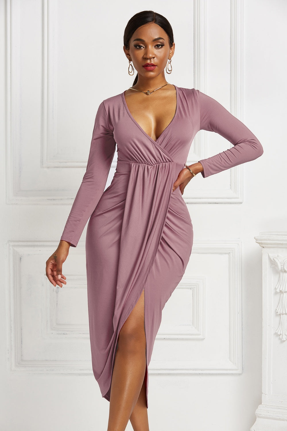 Maya Ruched Surplice Dress – MAY-A0816