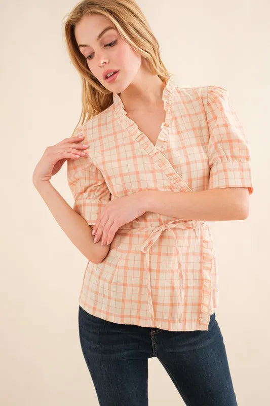Fashion Sava | Plaid Wrap Blouse | Ruffled Elegance